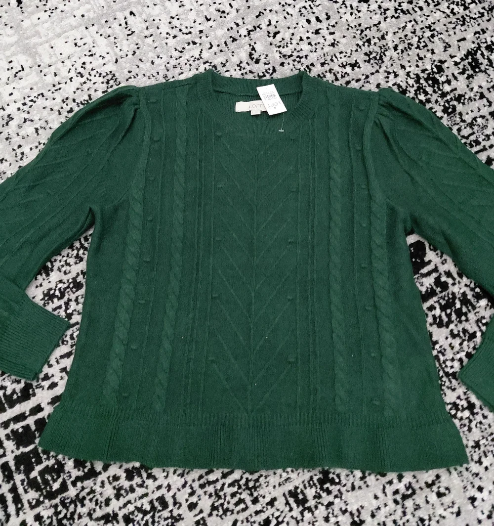 LOFT Green Bobble Knit Ruffle Hem Sweater | Size Large | NWT